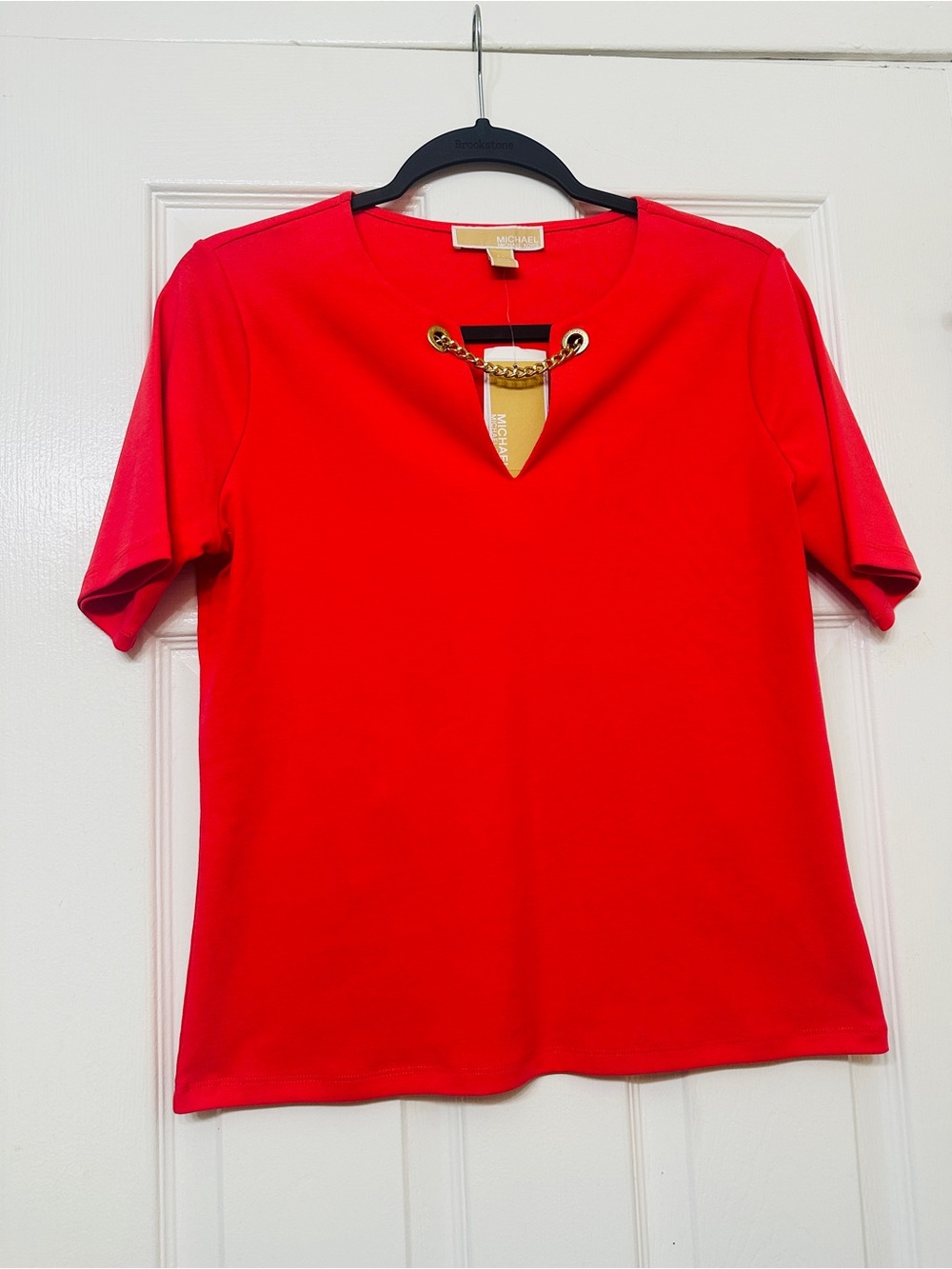 Michael Kors Top Orange V-Neck Short Sleeve Gold Tone Chain Small Petite NWT